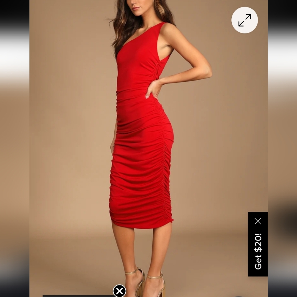 Lulu's One-Shoulder Red Ruched Midi Dress - Picture 3 of 9